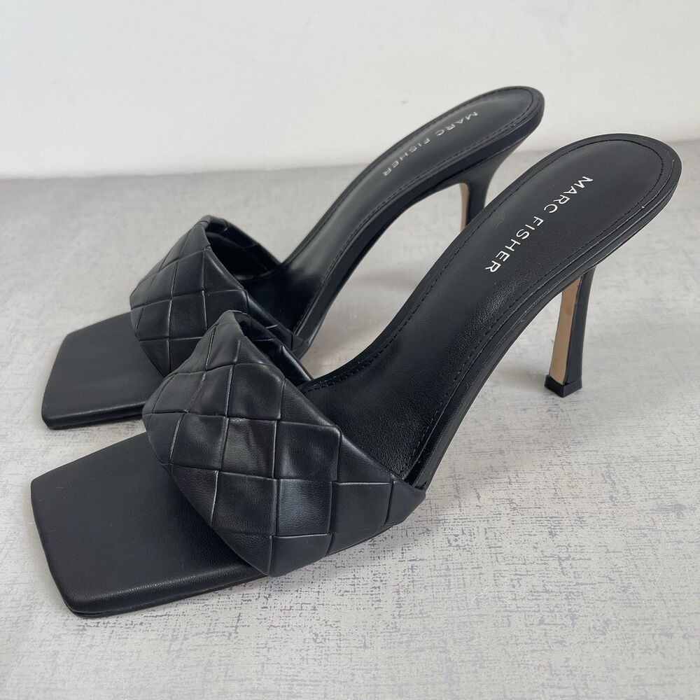 Marc Fisher Black Woven Strap High Heel Square‎ Toe Darasa Sandals 11 M